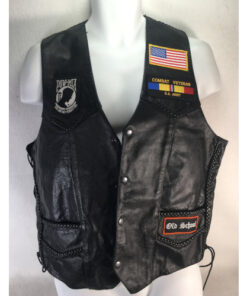 Mens Leather Motorcycle Vest with Patches US Flag, Veteran, POW SZ 42 (ZONY Inc)