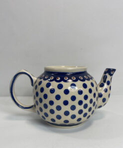 Vintage Zaklady Boleslawiec Polish Pottery Teapot Blue Red Peacock Dot Pattern